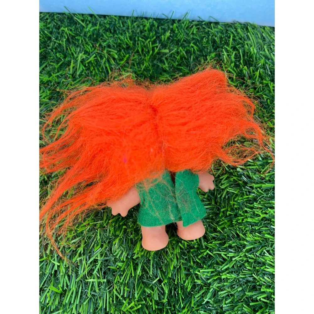 Vintage Troll Doll Orange Hair Green Felt Outfit Amber Eyes Retro Collectible